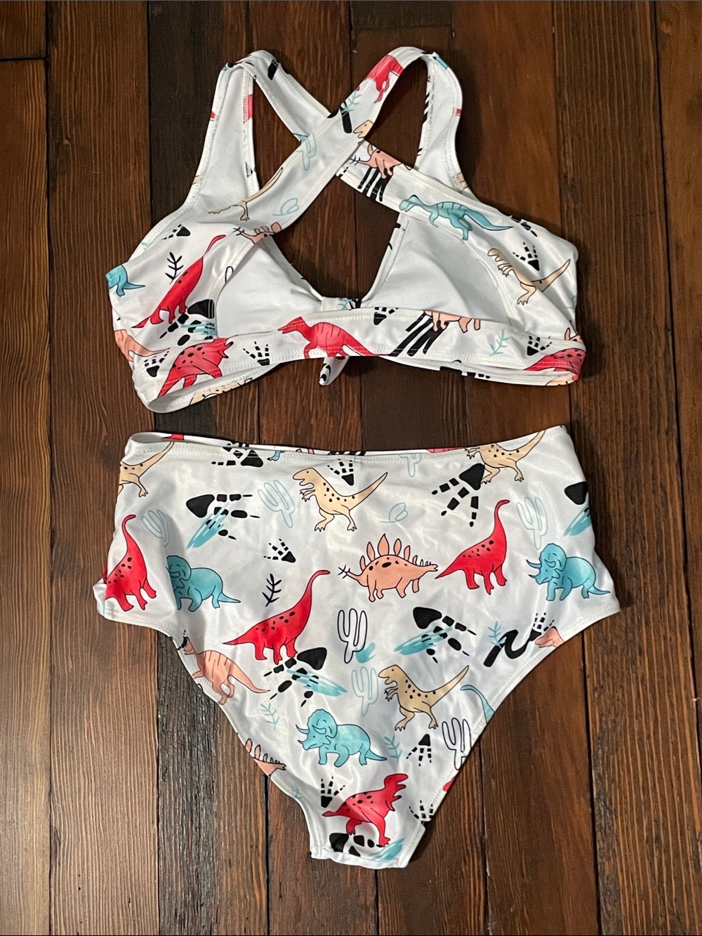 Women's White Dinosaur Print Two-Piece High-Waist Swim Set - Picture 2 of 2